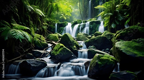 Panoramic view of a waterfall in a green tropical rainforest