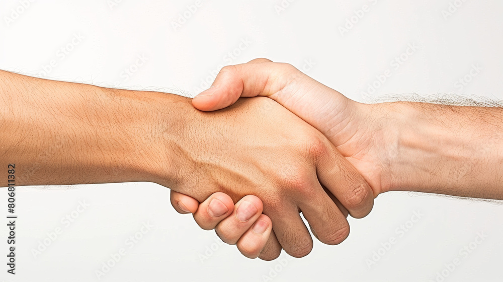 Close-up of a handshake against a white background, representing successful business deals or partnerships Close-up of a handshake against a white background, representing successful business deals or partnerships