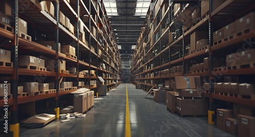  industrial warehouse with high shelves and boxes with yellow safety stripes on the floor 