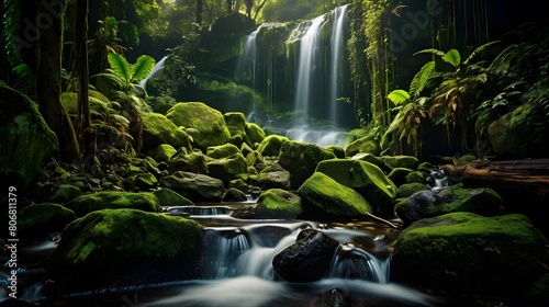 Panoramic view of beautiful waterfall in rainforest, Bali, Indonesia