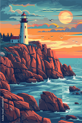 Sea ​​landscape with boat and lighthouse