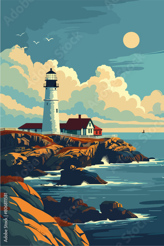 Sea ​​landscape with boat and lighthouse