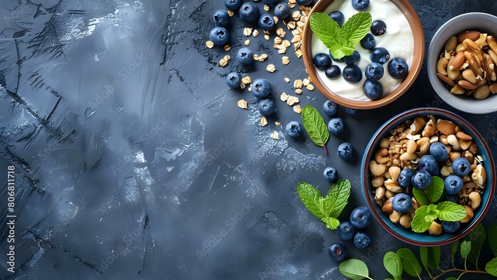 Promoting Healthy Breakfast Options: Yogurt, Blueberries, and Vegan Choices. Concept Healthy Start, Nutritious Options, Breakfast Ideas, Vegan Delights, Fresh Ingredients