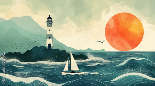 Sea ​​landscape with boat and lighthouse