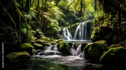 Panoramic view of a waterfall in the rainforest of New Zealand © Michelle