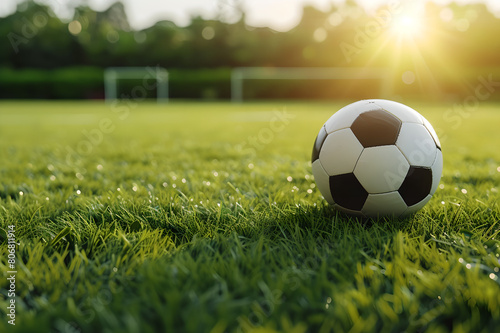 Soccer ball on green grass in a football pitch with a goal in the background with blur effect   athletic field  game day  sports equipment  no people   Sport   spotlight