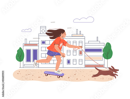 Cute girl skates on board with her dog on summer urban streets. Young skater rides on skateboard with puppy. Kid has fun with sport deck outdoor. Flat isolated vector illustration on white background
