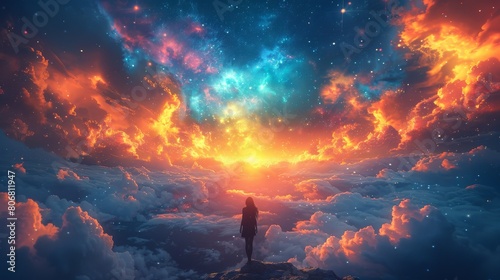 a happy teen girl stands beneath a celestial canopy of swirling colors in the enchanting realm of the rainbow Milky Way sky.