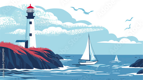 Sea ​​landscape with boat and lighthouse