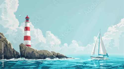 Sea ​​landscape with boat and lighthouse