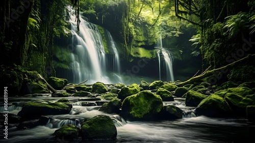 Panoramic view of a beautiful waterfall in the forest, long exposure