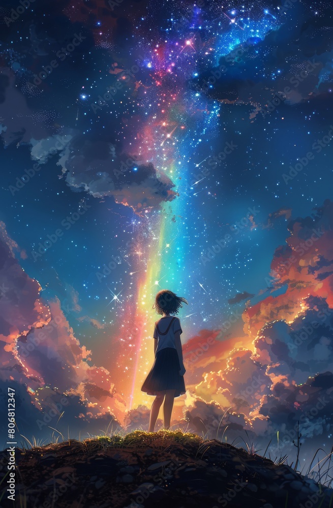 a happy teen girl stands beneath a celestial canopy of swirling colors in the enchanting realm of the rainbow Milky Way sky.