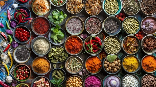 A stunning overhead shot of a colorful and diverse assortment of spices, herbs, and vegetables, beautifully arranged in bowls, capturing the essence of global cuisine.