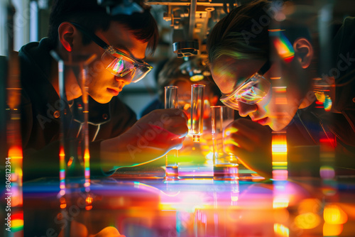 researchers using spectroscopic techniques to analyze the composition of a transparent solution, highlighting the use of light in scientific investigations. photo