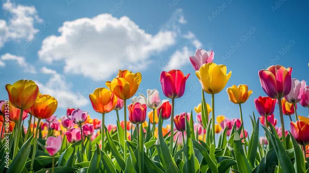 Colorful tulips in a blue sky
