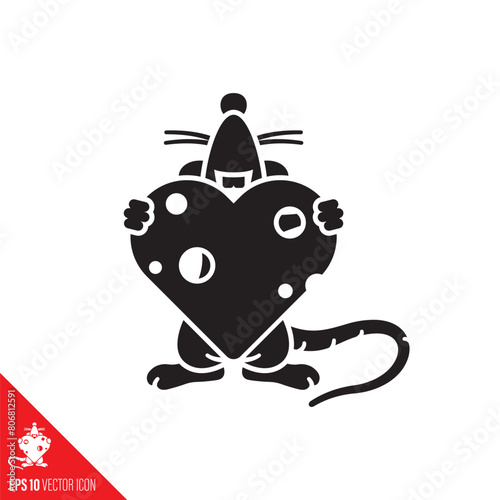Mouse biting into heart of cheese cartoon vector icon