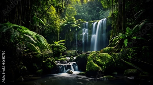 Panorama of a small waterfall in the rainforest with lush greenery