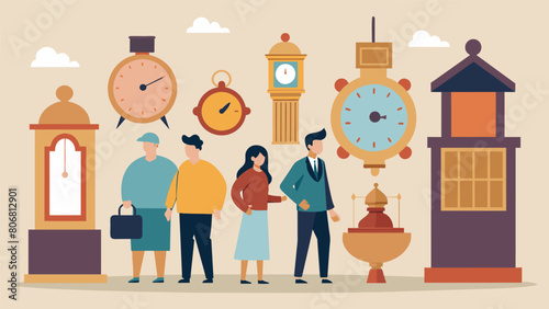 Shoppers stop to admire a collection of antique clocks and watches each with their own storied history.. Vector illustration