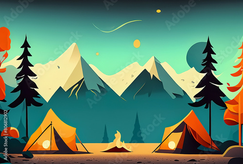 Tent on a hill under the mountains under a dramatic sky. Surrealism concept