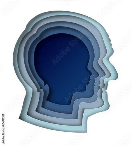 Silhouette of man aging heads from kid to adults paper cut art vector illustration. Little boy growing to mature male person. Concept of inner child and full-grown transformation