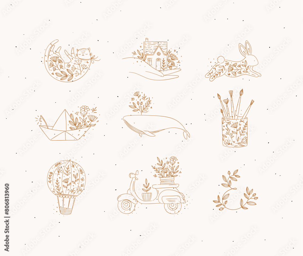 Floral elements house, cat, rabbit, origami boat, whale, glass with brushes, hot air balloon, scooter drawing in hand-drawing style on beige background
