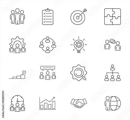teamwork thin line style icon set. business teamwork, work group, meeting, people and human resource icon. vector illustration