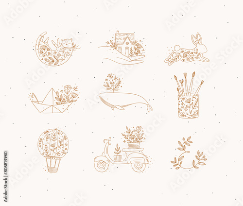 Obraz na płótnie Floral elements house, cat, rabbit, origami boat, whale, glass with brushes, hot air balloon, scooter drawing in hand-drawing style on beige background w salonie