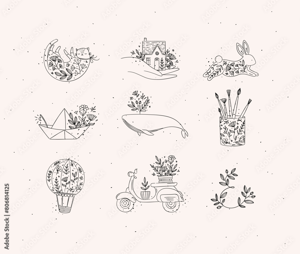Floral elements house, cat, rabbit, origami boat, whale, glass with brushes, hot air balloon, scooter drawing in hand-drawing style with black on beige background