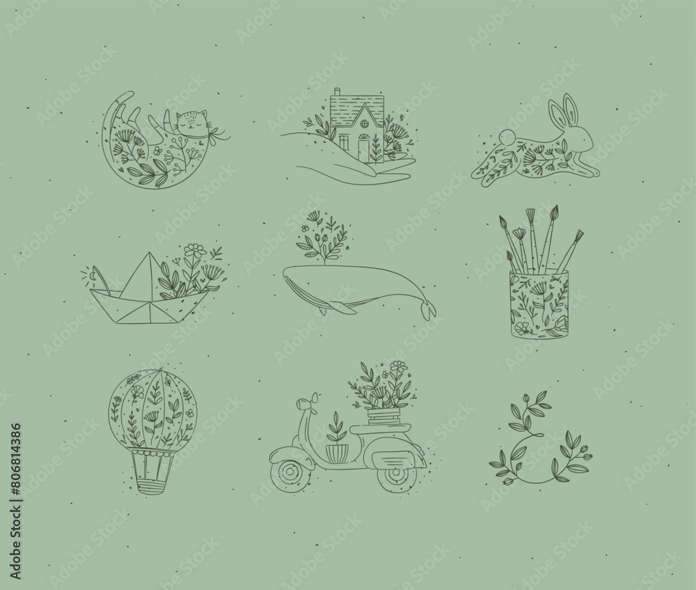 Floral elements house, cat, rabbit, origami boat, whale, glass with brushes, hot air balloon, scooter drawing in hand-drawing style on green background