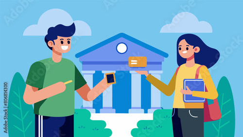 A student receives a high interest rate credit card from a bank representative on campus luring them in with freebies and not disclosing the longterm. Vector illustration