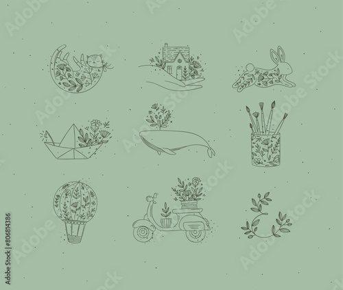 Obraz na płótnie Floral elements house, cat, rabbit, origami boat, whale, glass with brushes, hot air balloon, scooter drawing in hand-drawing style on green background w salonie