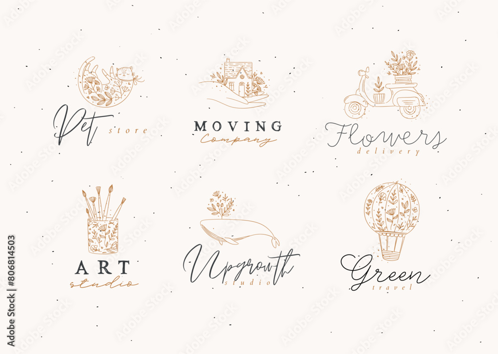 Floral labels house, cat, whale, glass with brushes, hot air balloon, scooter with lettering drawing in hand-drawing style on beige background
