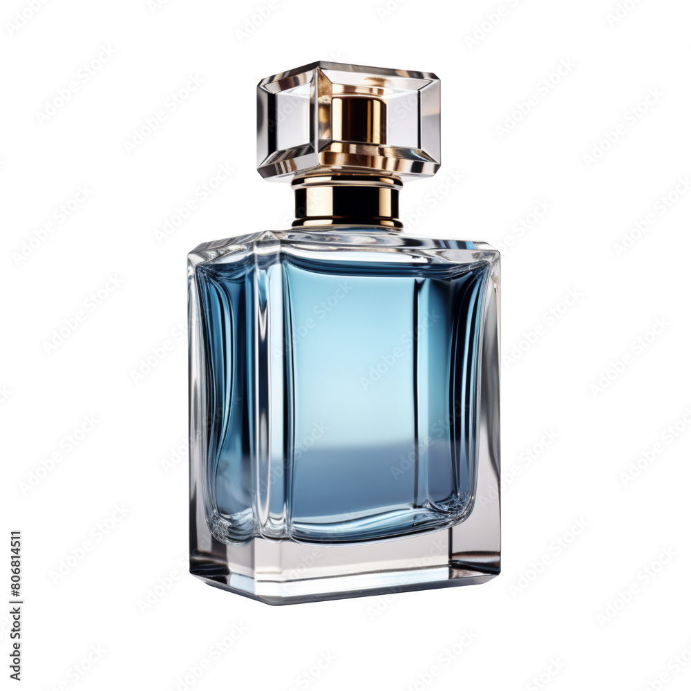 Elegant transparent bottle of blue perfume isolated on transparent background Elegant transparent bottle of blue perfume isolated on transparent background