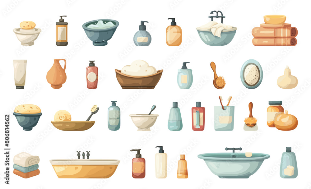 Cartoon Bath Treatments. Icon Set in Simple Flat Style for Shower, Bath, Relaxation, Wellness, Spa, Hygiene, Personal Care, Self-Care, Pampering, and Bathroom Concepts Cartoon Bath Treatments. Icon Set in Simple Flat Style for Shower, Bath, Relaxation, Wellness, Spa, Hygiene, Personal Care, Self-Care, Pampering, and Bathroom Concepts
