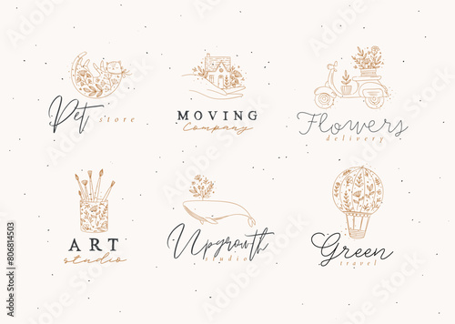 Obraz na płótnie Floral labels house, cat, whale, glass with brushes, hot air balloon, scooter with lettering drawing in hand-drawing style on beige background w salonie