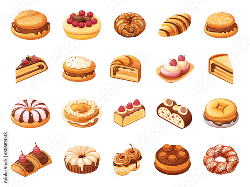 Cartoon Bakery Delicacies. Vector Set of Sweet Baked Goods Icons in Simple Flat Style for Pastry, Confectionery, Dessert, Bakery, Culinary, Food, and Cuisine Concepts