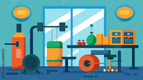 An onsite gym facility equipped with exercise machines weights and fitness classes for employees to use during their lunch breaks.. Vector illustration