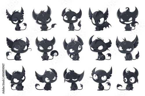 Cartoon Black Devil. Kitty demon Character Icons Set on White Background for Devil, Evil, Mischief, Halloween, Demon, Supernatural, Fantasy, and Spooky Themes