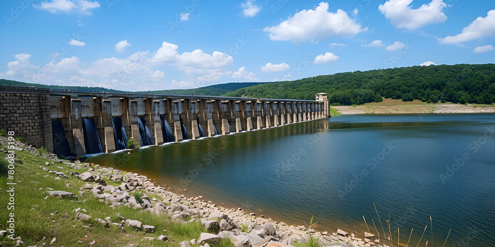 Dam on the Lake, Hydroelectric Power Station Generating Renewable Energy, Scenic Reservoir Landscape with Water Dam, Sustainable Infrastructure, Generative AI

