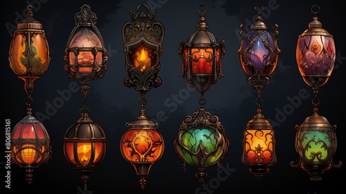A collection of antique lanterns with stained glass on the black background © X-Poser