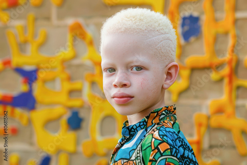 A young boy with albinism stands confidently in front of a vibrant cultural mural, his unique beauty highlighted by his striking white hair and soft features.