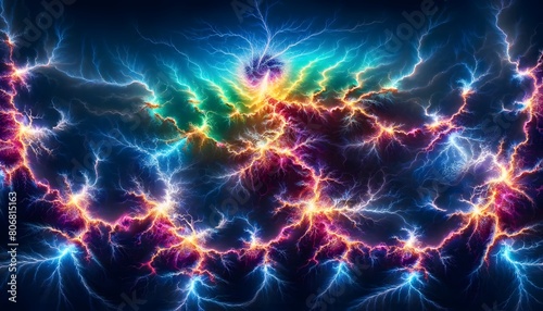  Fractal lightning storms in vibrant colors. Abstract background 