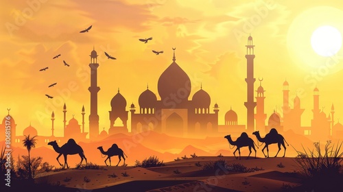 A stunning illustration of a traditional Islamic skyline silhouette featuring camels, mosques, and minarets against a vibrant sunset backdrop. photo