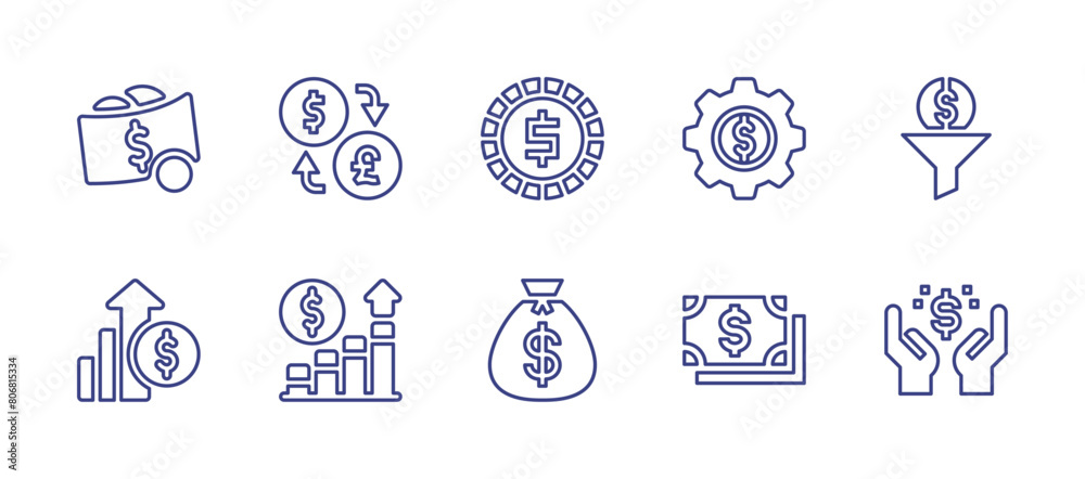 Dollar line icon set. Editable stroke. Vector illustration. Containing money bag, profit, money, dollar note, currency exchange, gear, graph, dollar.