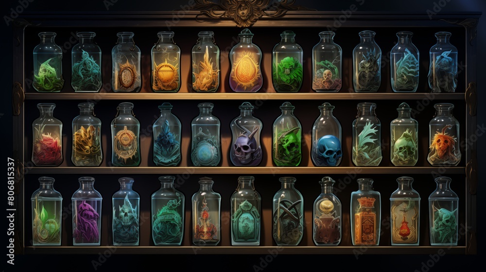A collection of antique glass bottles with embossed labels