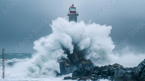 Giant Water Wave Crashing into Rock with Lighthouse, Dramatic Ocean Scene with Waves Splashing on Coastal Cliff, Stormy Sea Power, Generative AI