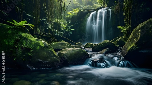 Panoramic view of beautiful waterfall in tropical rainforest. Nature background