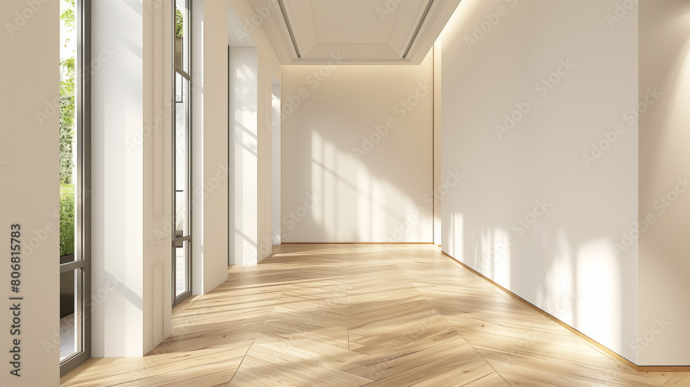 Obraz premium Wide angle of the corridor interior showing windows, walls and a white parquet floor with abstract light