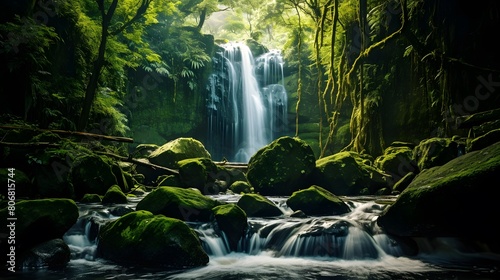 Panoramic view of a beautiful waterfall in a green forest.