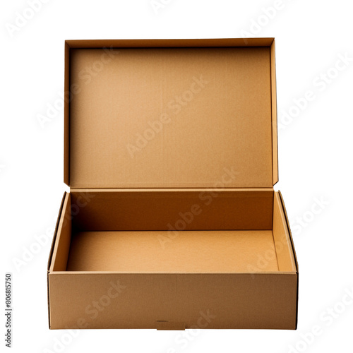 Empty cardboard gift box with open lid isolated on transparent background